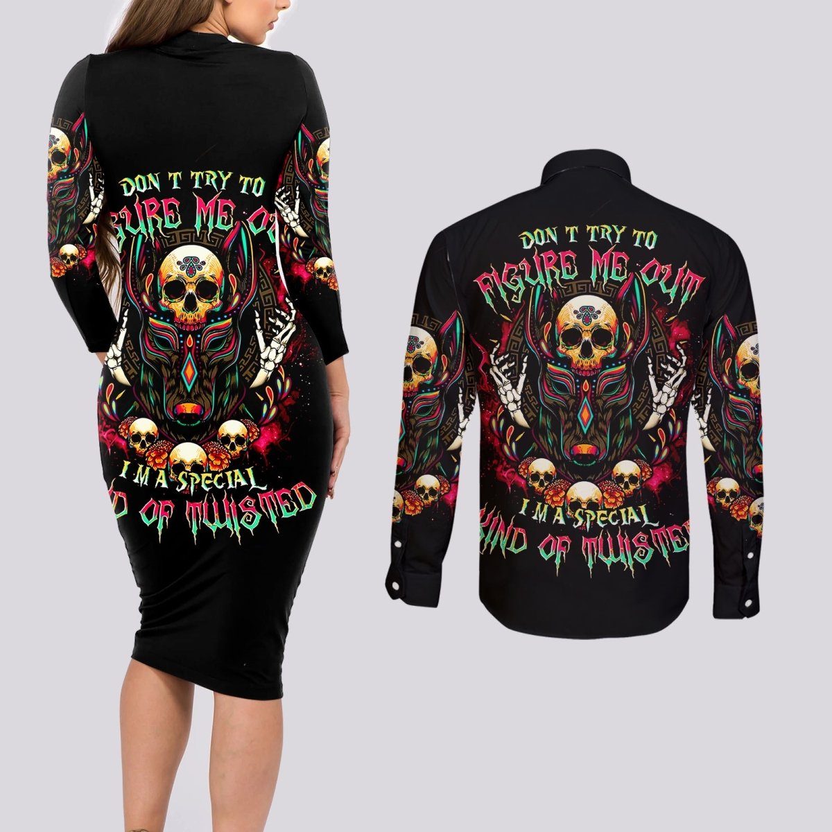 Anubis Skull Couples Matching Long Sleeve Bodycon Dress and Long Sleeve Button Shirts Skull Anubis Don't Try To Figured Me Out DT01 - The Mazicc - S - S - Black