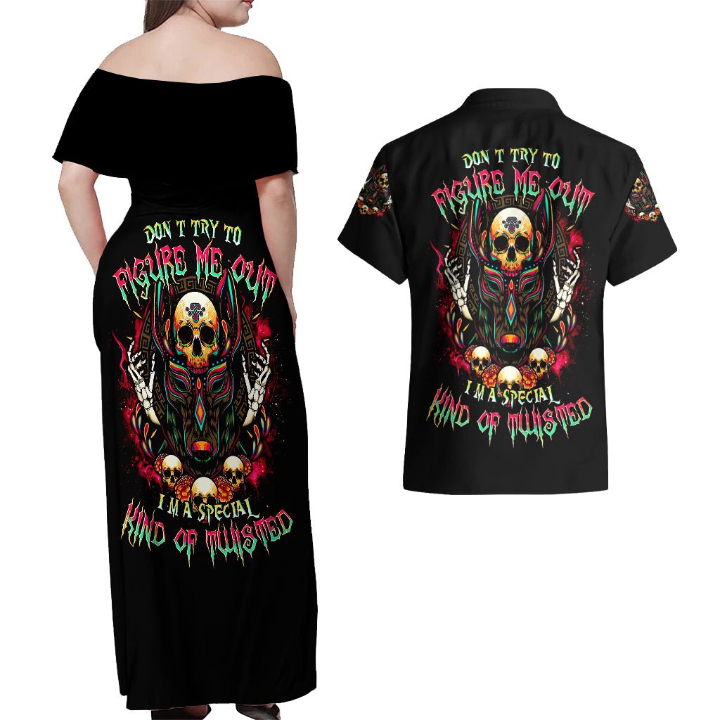 Anubis Skull Couples Matching Off Shoulder Maxi Dress and Hawaiian Shirt Skull Anubis Don't Try To Figured Me Out DT01 - The Mazicc - S - S - Black