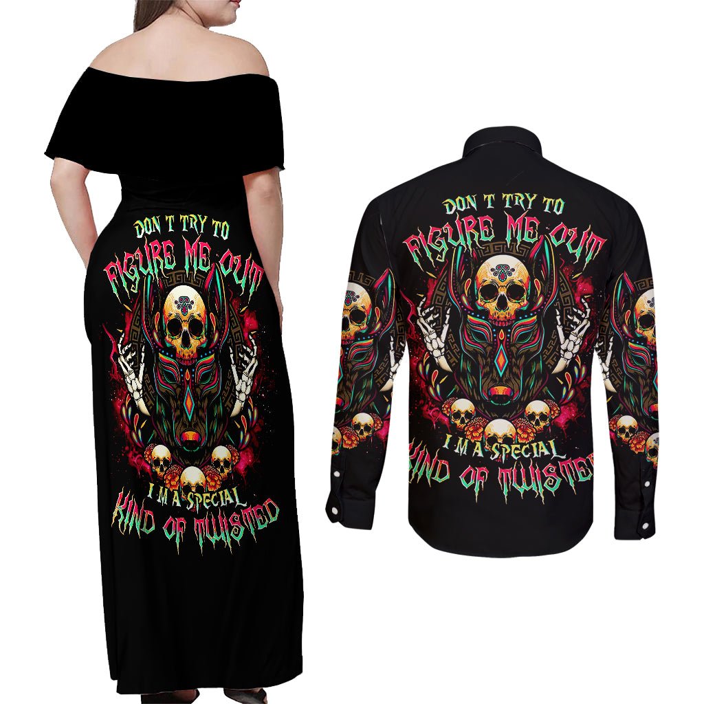 Anubis Skull Couples Matching Off Shoulder Maxi Dress and Long Sleeve Button Shirts Skull Anubis Don't Try To Figured Me Out DT01 - The Mazicc - S - S - Black