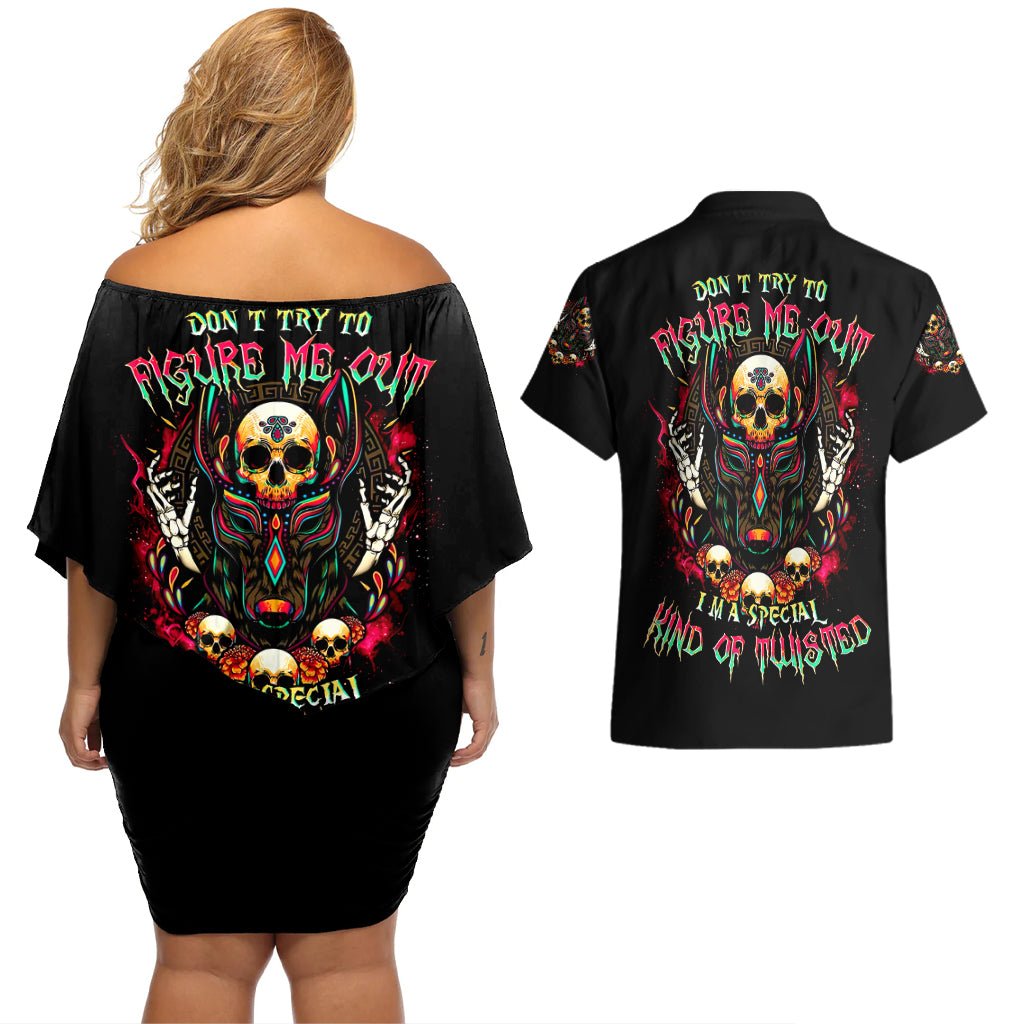 Anubis Skull Couples Matching Off Shoulder Short Dress and Hawaiian Shirt Skull Anubis Don't Try To Figured Me Out DT01 - The Mazicc - S - S - Black