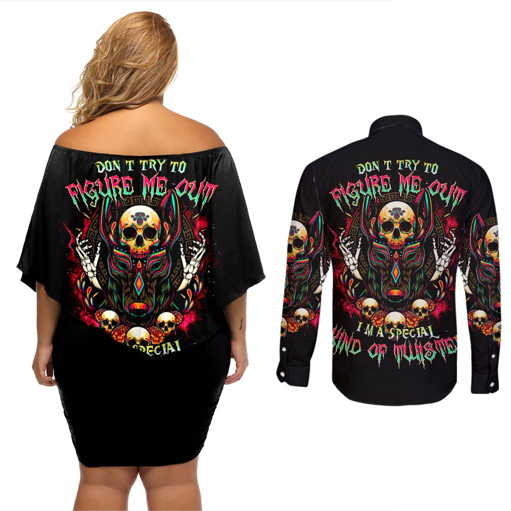 Anubis Skull Couples Matching Off Shoulder Short Dress and Long Sleeve Button Shirts Skull Anubis Don't Try To Figured Me Out DT01 - The Mazicc - S - S - Black