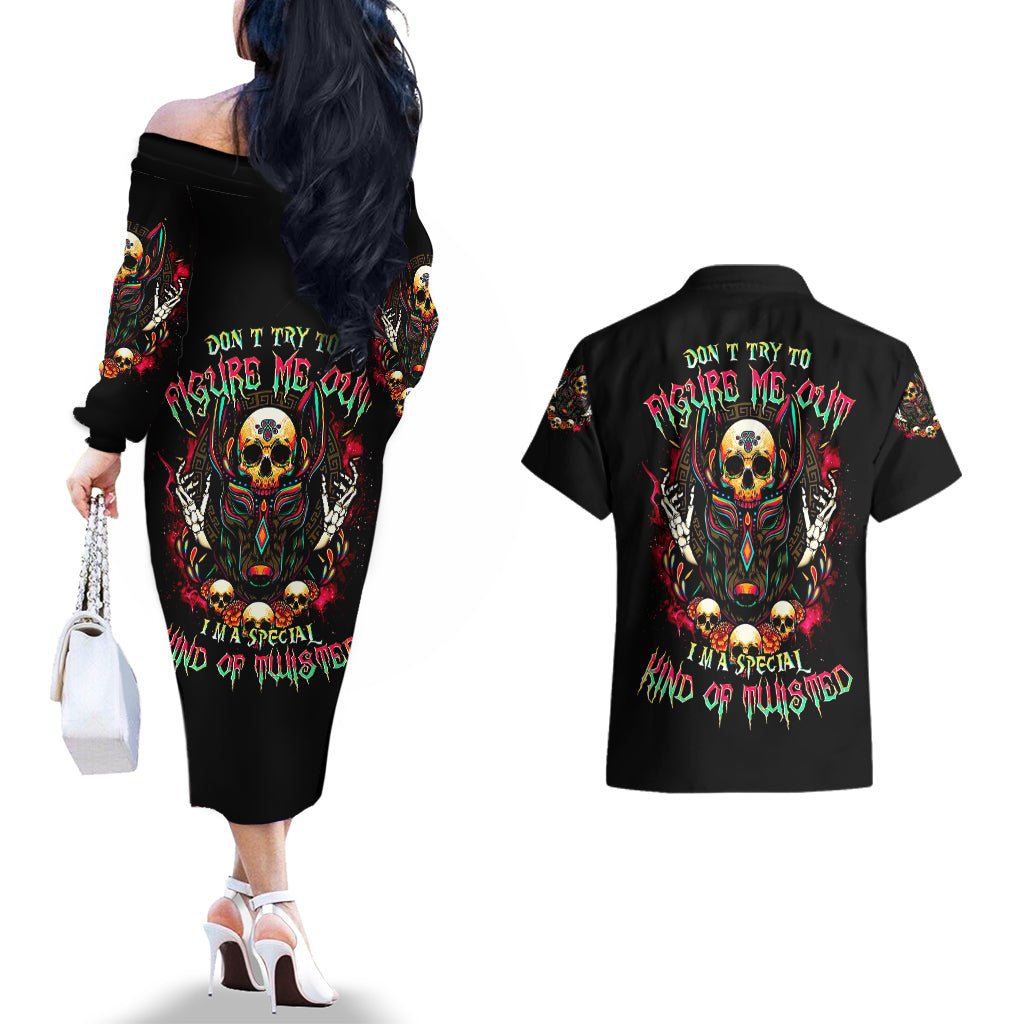 Anubis Skull Couples Matching Off The Shoulder Long Sleeve Dress and Hawaiian Shirt Skull Anubis Don't Try To Figured Me Out DT01 - The Mazicc - S - S - Black