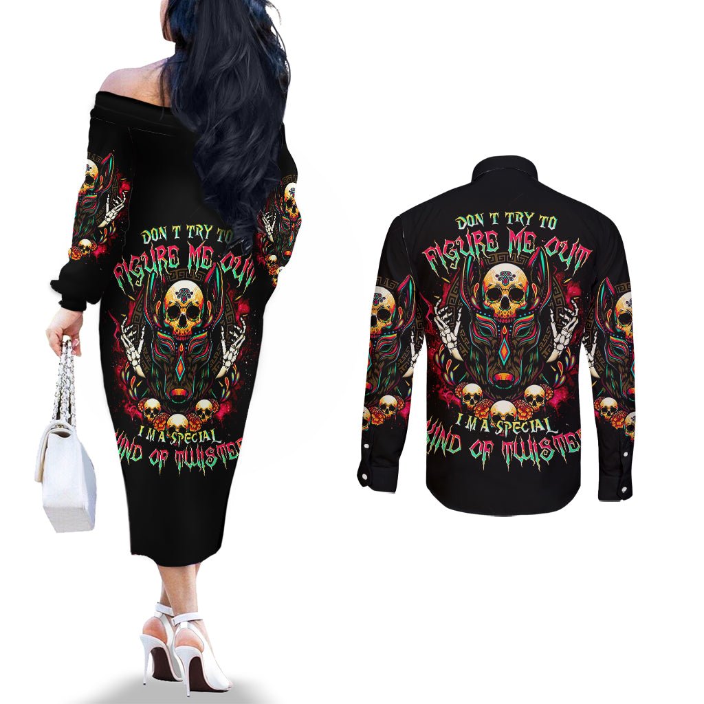 Anubis Skull Couples Matching Off The Shoulder Long Sleeve Dress and Long Sleeve Button Shirts Skull Anubis Don't Try To Figured Me Out DT01 - The Mazicc - S - S - Black