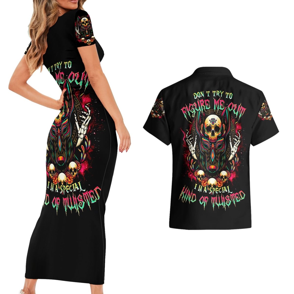 Anubis Skull Couples Matching Short Sleeve Bodycon Dress and Hawaiian Shirt Skull Anubis Don't Try To Figured Me Out DT01 - The Mazicc - S - S - Black