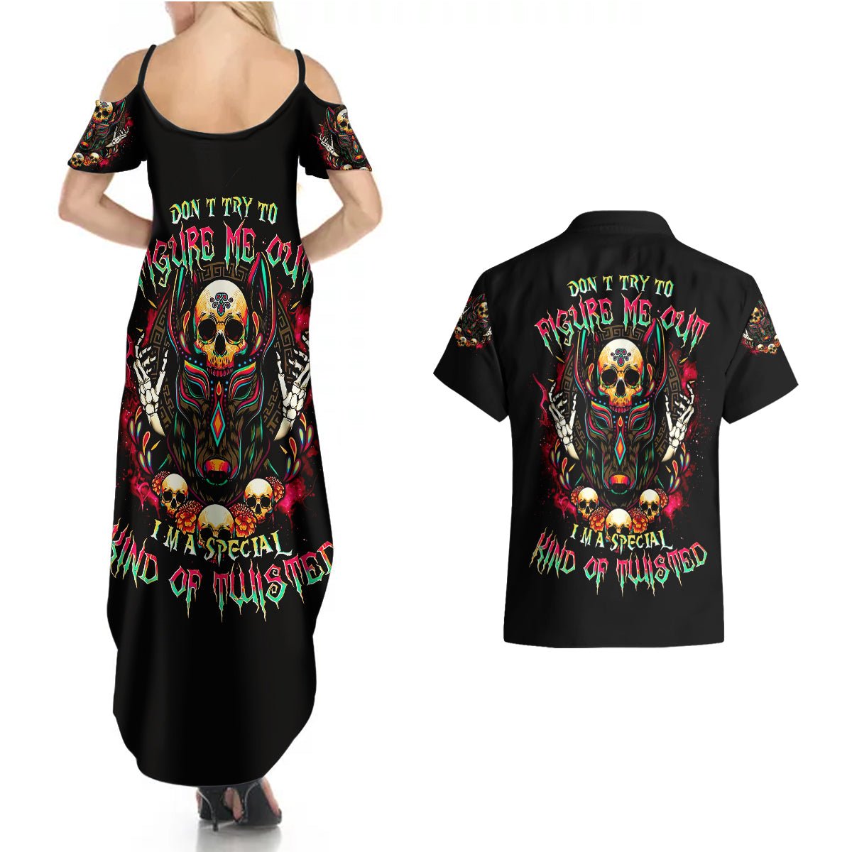 Anubis Skull Couples Matching Summer Maxi Dress and Hawaiian Shirt Skull Anubis Don't Try To Figured Me Out DT01 - The Mazicc - S - S - Black