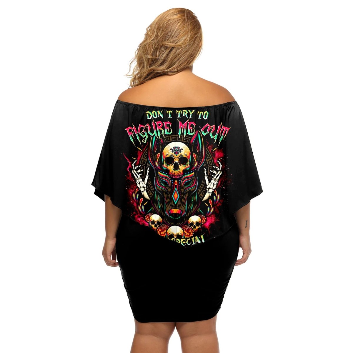 Anubis Skull Off Shoulder Short Dress Skull Anubis Don't Try To Figured Me Out DT01 - The Mazicc - Women - S - Black