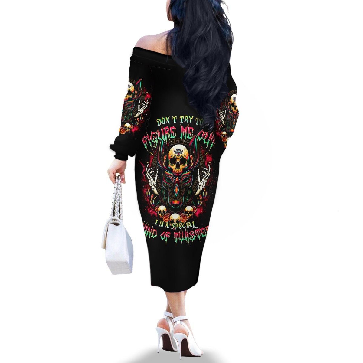 Anubis Skull Off The Shoulder Long Sleeve Dress Skull Anubis Don't Try To Figured Me Out DT01 - The Mazicc - Women - S - Black