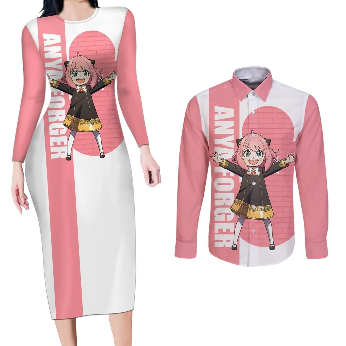 Anya Forger Couples Matching Long Sleeve Bodycon Dress and Long Sleeve Button Shirt Spy x Family TS04 - The Mazicc - S - S - White/Pink