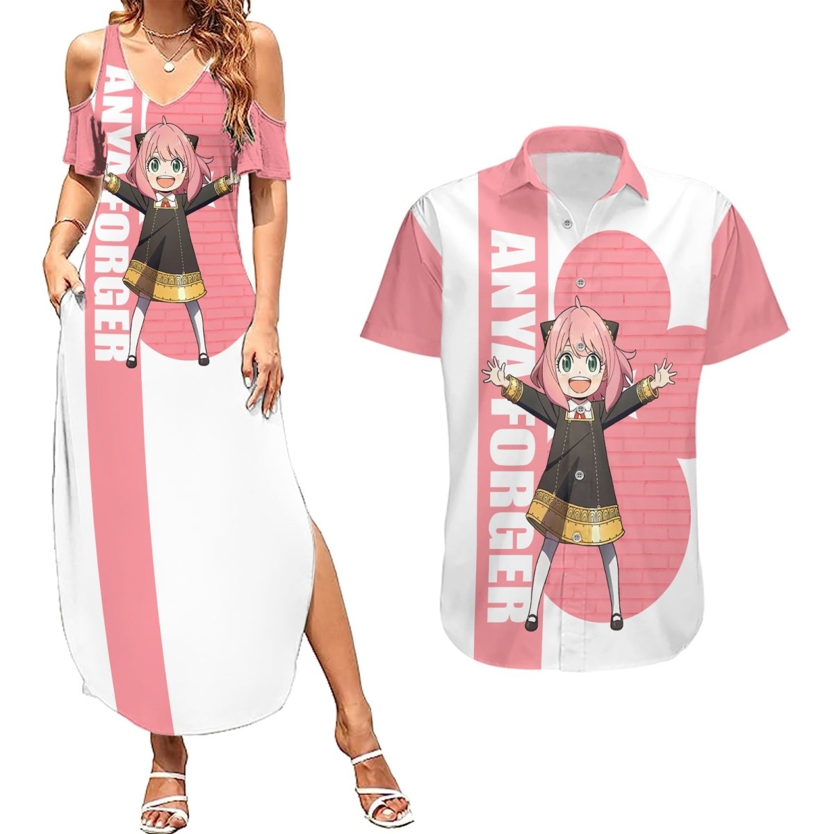 Anya Forger Couples Matching Summer Maxi Dress and Hawaiian Shirt Spy x Family TS04 - The Mazicc - S - S - White/Pink