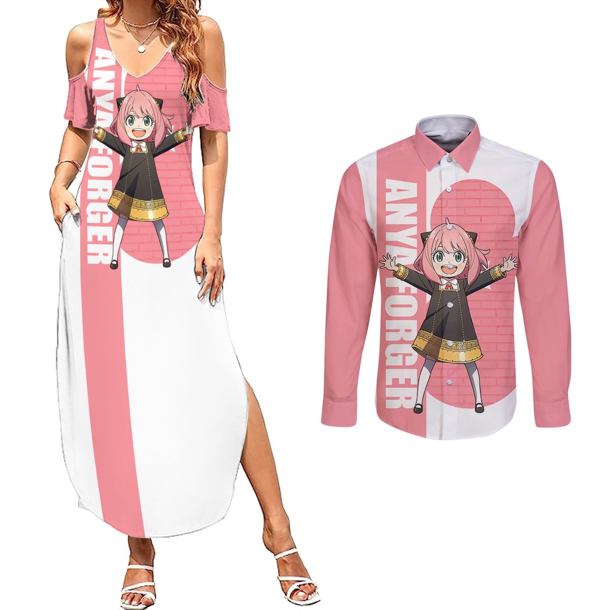 Anya Forger Couples Matching Summer Maxi Dress and Long Sleeve Button Shirt Spy x Family TS04 - The Mazicc - S - S - White/Pink