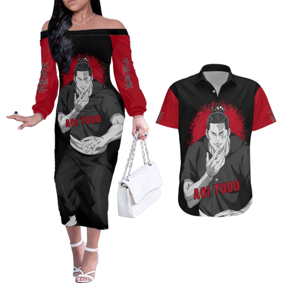 Aoi Todo Couples Matching Off The Shoulder Long Sleeve Dress and Hawaiian Shirt Monochrome TS04 - The Mazicc - S - S - Black/Red