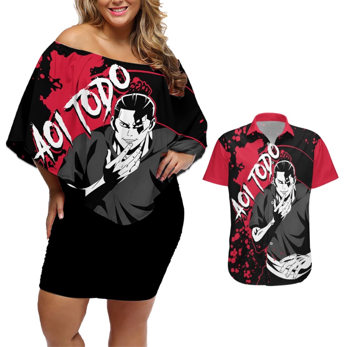 Aoi Todo Jujutsu Kaisen Couples Matching Off Shoulder Short Dress and Hawaiian Shirt Manga Style Art TS04 - The Mazicc - S - S - Black/Red