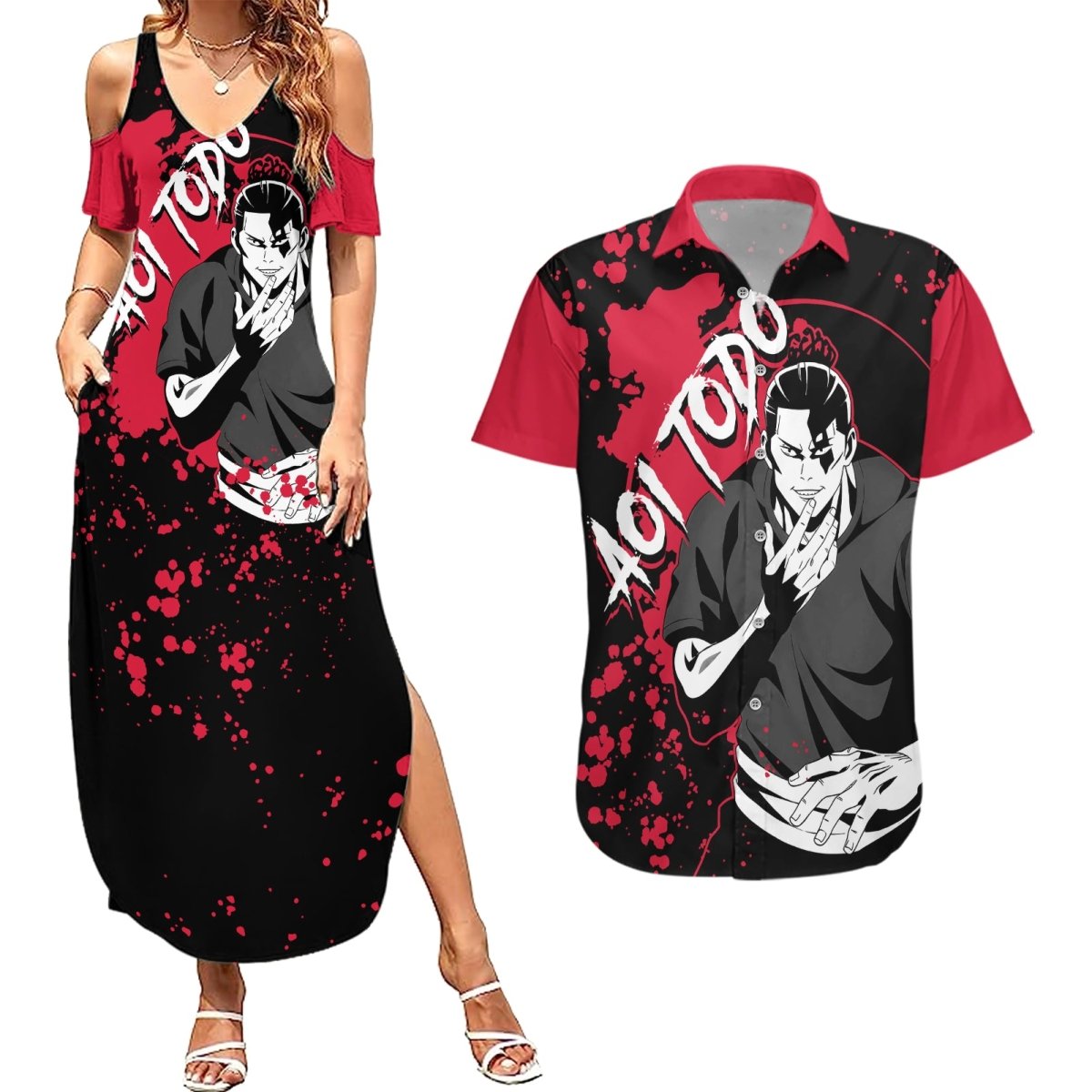 Aoi Todo Jujutsu Kaisen Couples Matching Summer Maxi Dress and Hawaiian Shirt Manga Style Art TS04 - The Mazicc - S - S - Black/Red