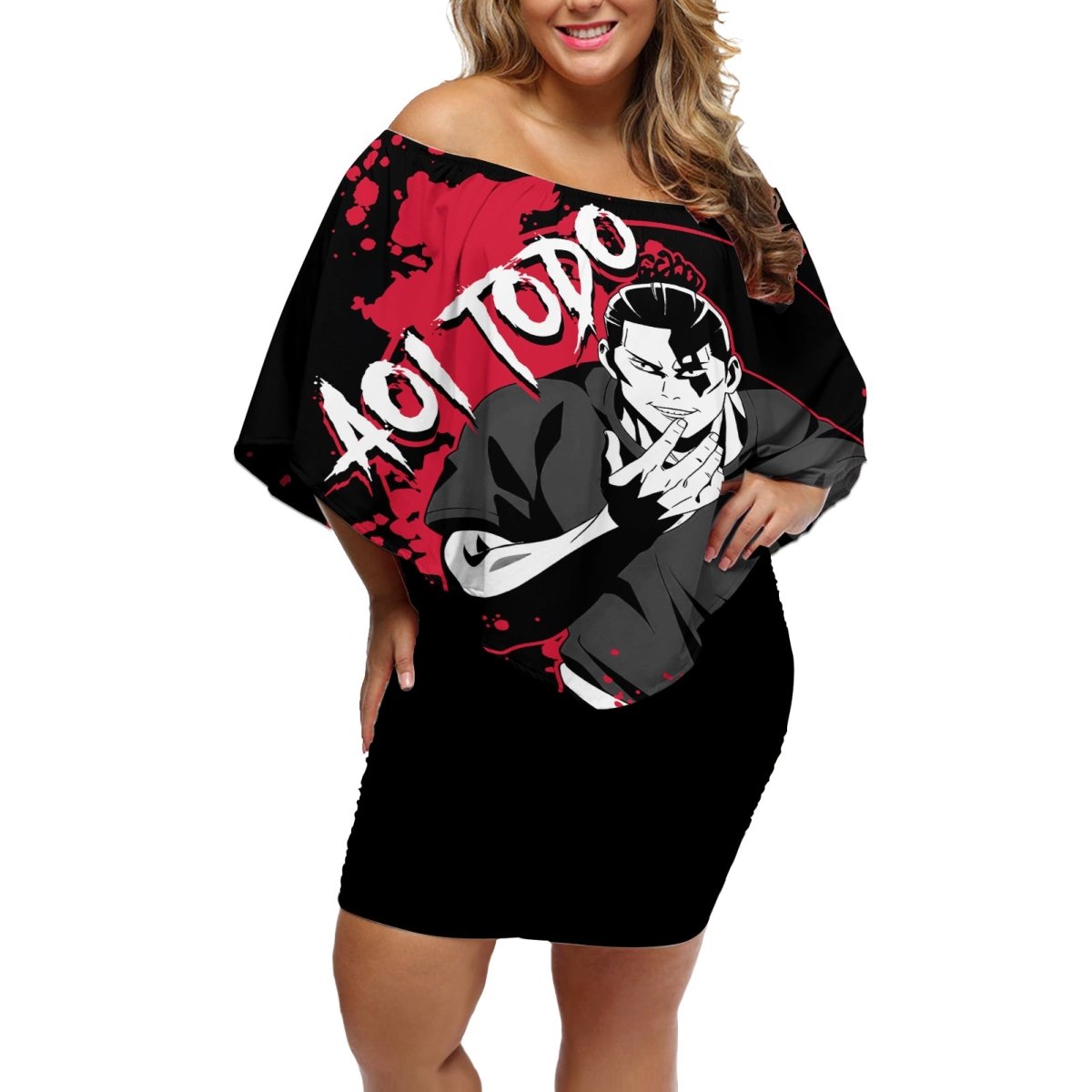 Aoi Todo Jujutsu Kaisen Off Shoulder Short Dress Manga Style Art TS04 - The Mazicc - Women - S - Black/Red