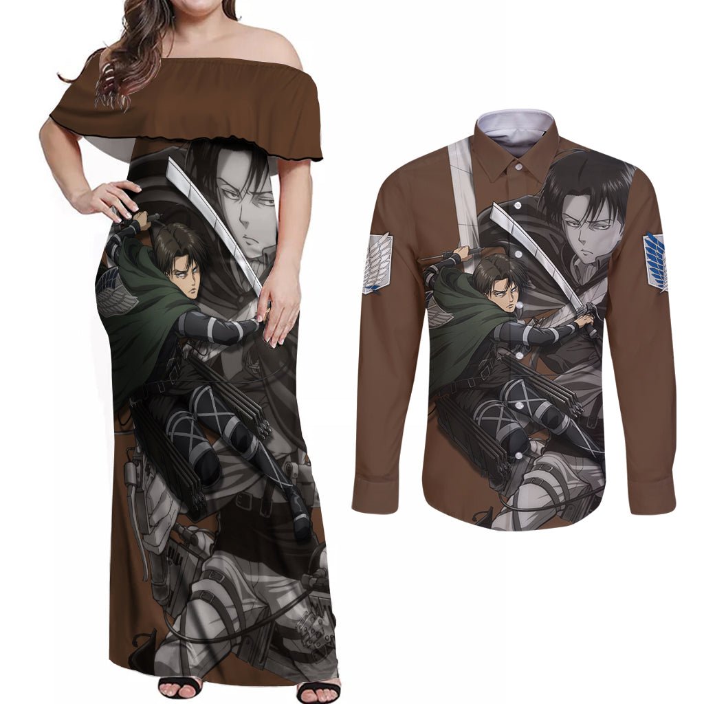 AOT Levi Ackerman Couples Matching Off Shoulder Maxi Dress and Long Sleeve Button Shirt TS04 - The Mazicc - S - S - Brown