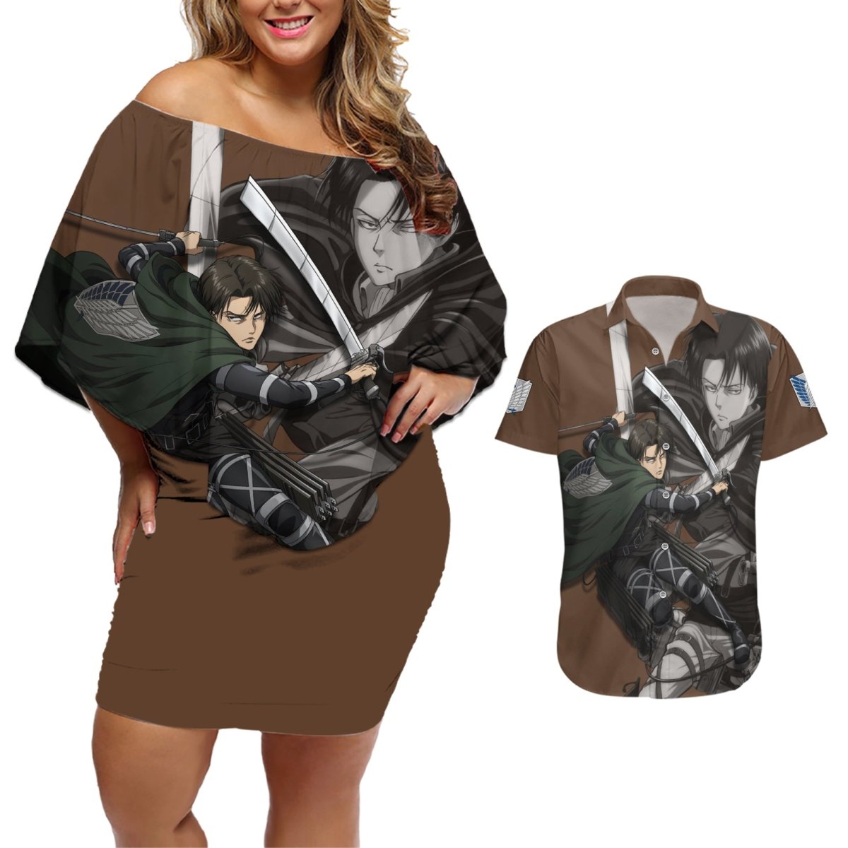 AOT Levi Ackerman Couples Matching Off Shoulder Short Dress and Hawaiian Shirt TS04 - The Mazicc - S - S - Brown