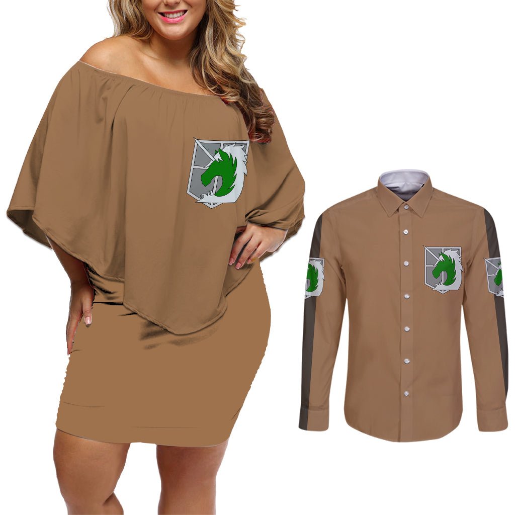 AOT Military Police Couples Matching Off Shoulder Short Dress and Long Sleeve Button Shirt TS04 - The Mazicc - S - S - Brown