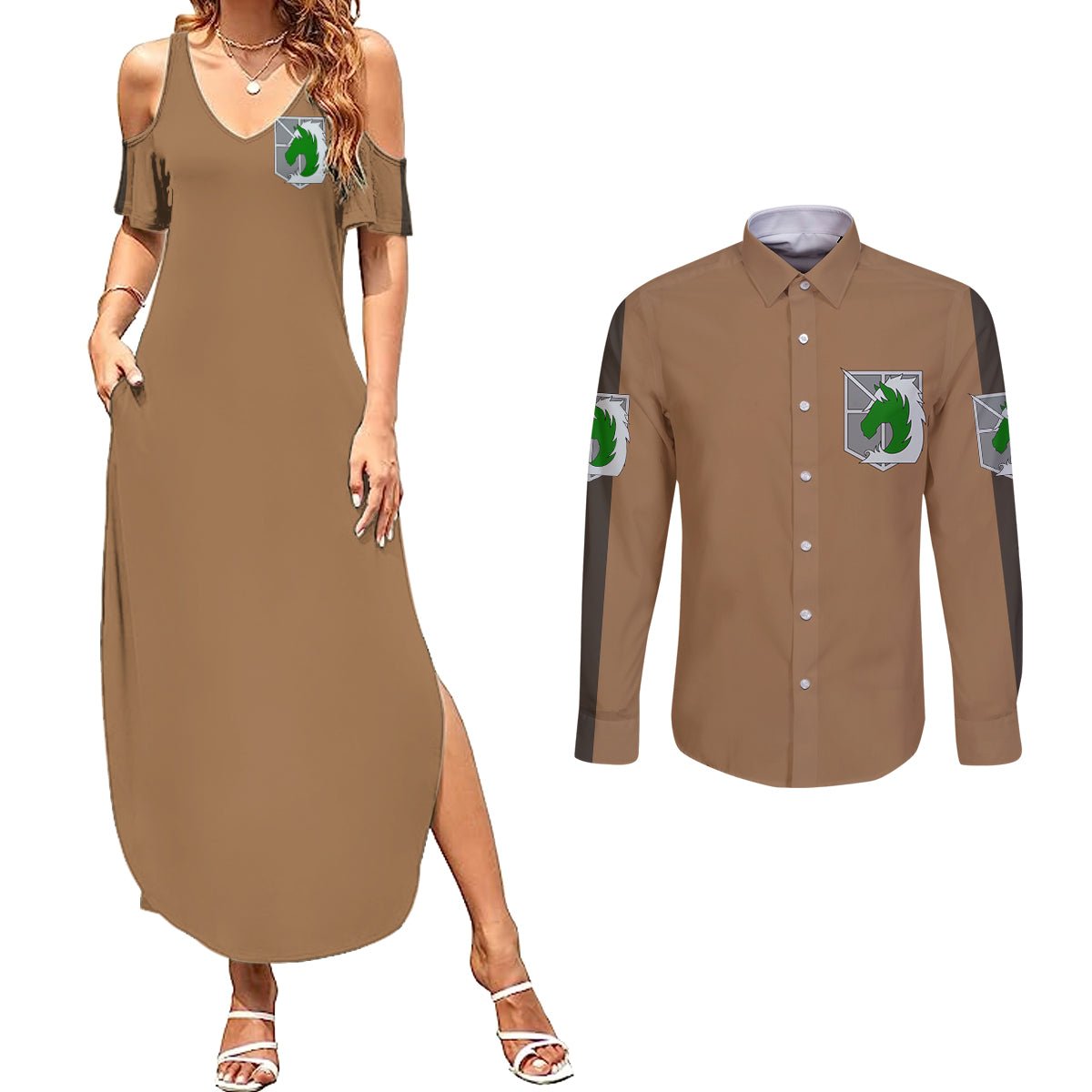 AOT Military Police Couples Matching Summer Maxi Dress and Long Sleeve Button Shirt TS04 - The Mazicc - S - S - Brown