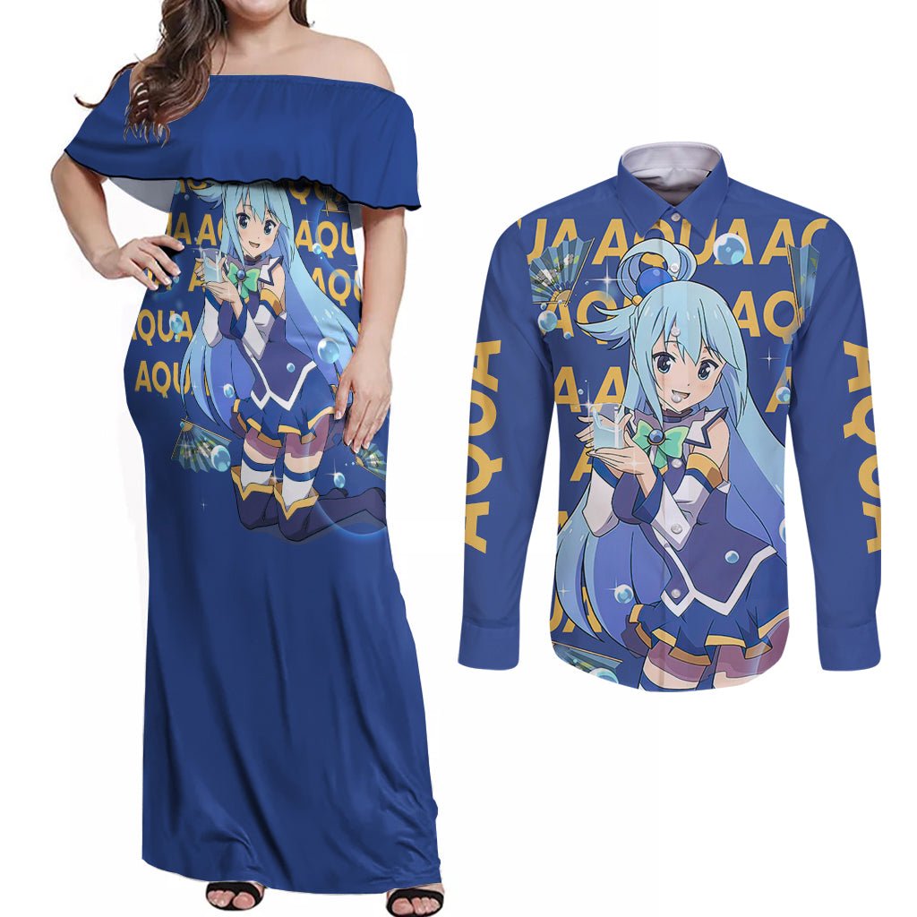 Aqua KonoSuba Couples Matching Off Shoulder Maxi Dress and Long Sleeve Button Shirt Anime Style TS04 - The Mazicc - S - S - Blue