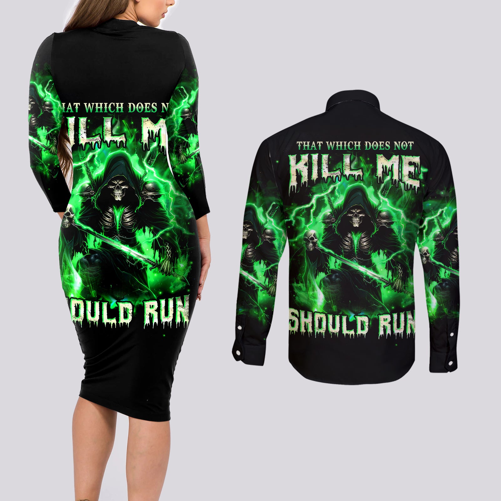 Reaper Skull Couples Matching Long Sleeve Bodycon Dress and Long Sleeve Button Shirt That Which Does Not Kill Me Should Run