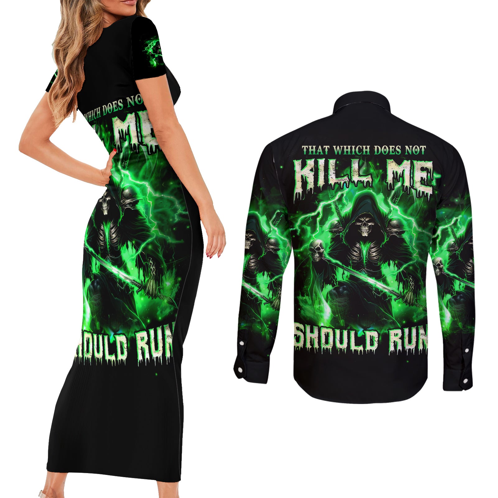 Reaper Skull Couples Matching Short Sleeve Bodycon Dress and Long Sleeve Button Shirt That Which Does Not Kill Me Should Run