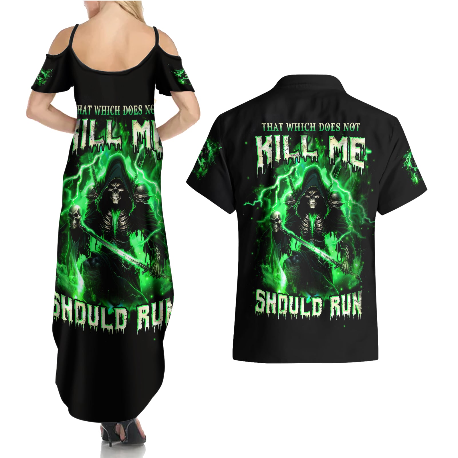 Reaper Skull Couples Matching Summer Maxi Dress and Hawaiian Shirt That Which Does Not Kill Me Should Run