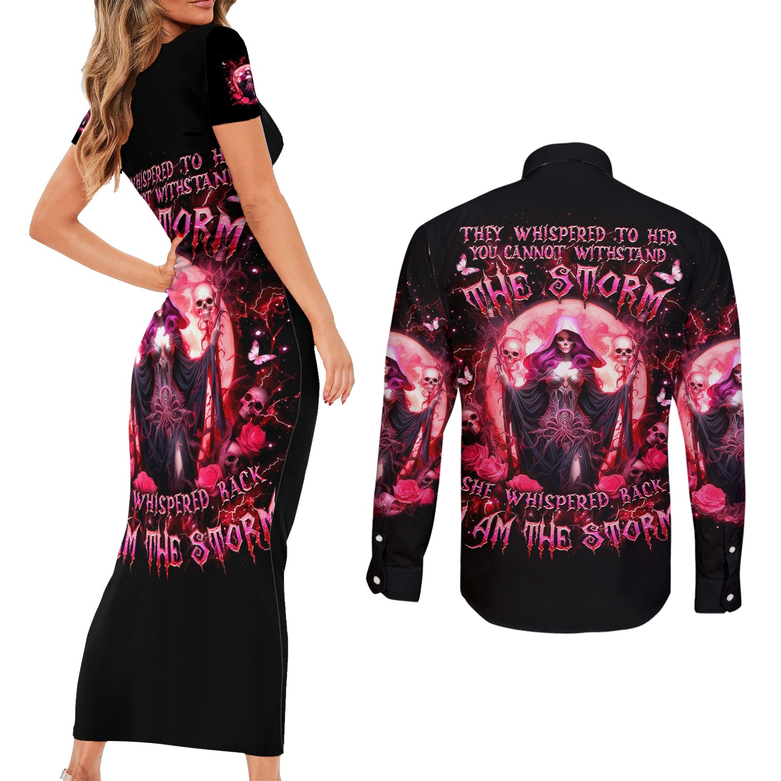 Witch Skull Couples Matching Short Sleeve Bodycon Dress and Long Sleeve Button Shirt She Whispered Back Iam The Storm