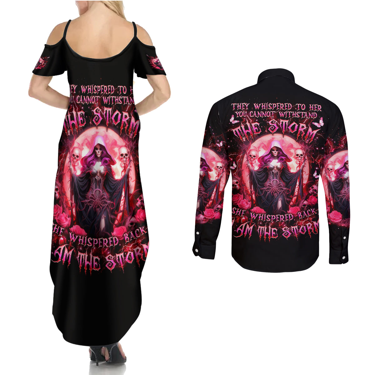 Witch Skull Couples Matching Summer Maxi Dress and Long Sleeve Button Shirt She Whispered Back Iam The Storm