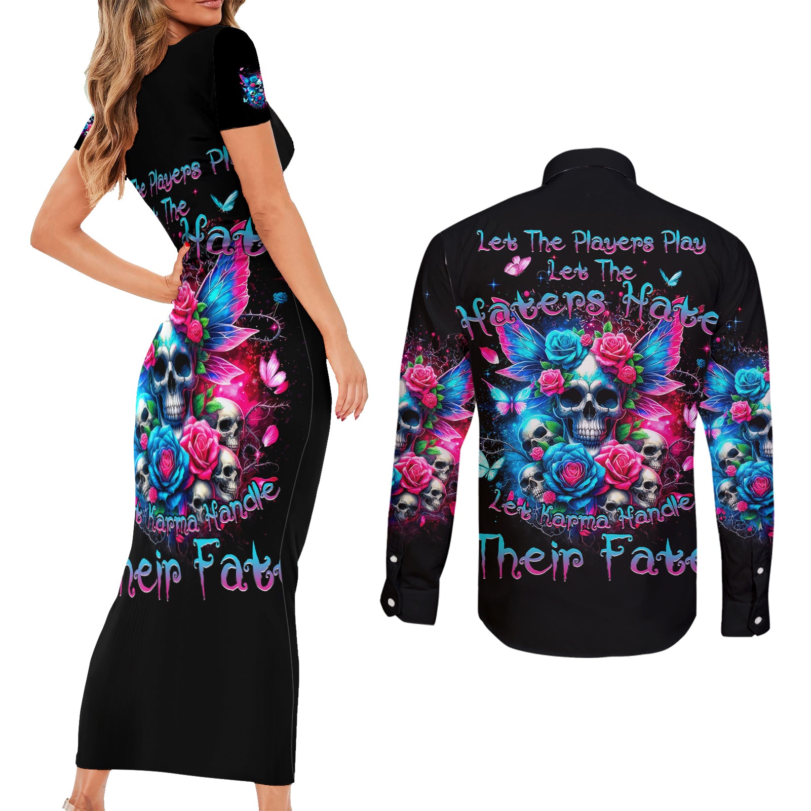 Fairy Skull Couples Matching Short Sleeve Bodycon Dress and Long Sleeve Button Shirt Let Karma Handle Their Fate