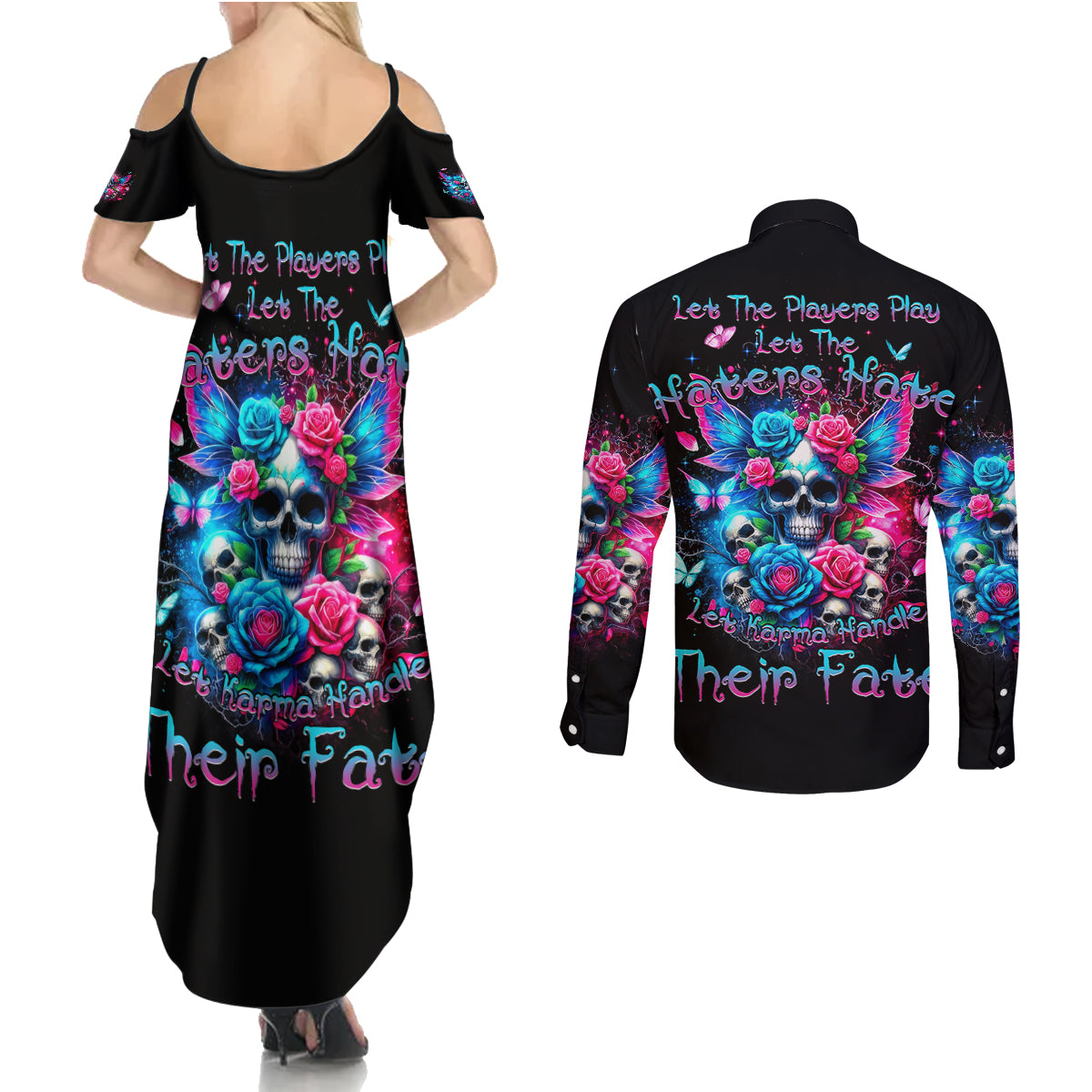 Fairy Skull Couples Matching Summer Maxi Dress and Long Sleeve Button Shirt Let Karma Handle Their Fate