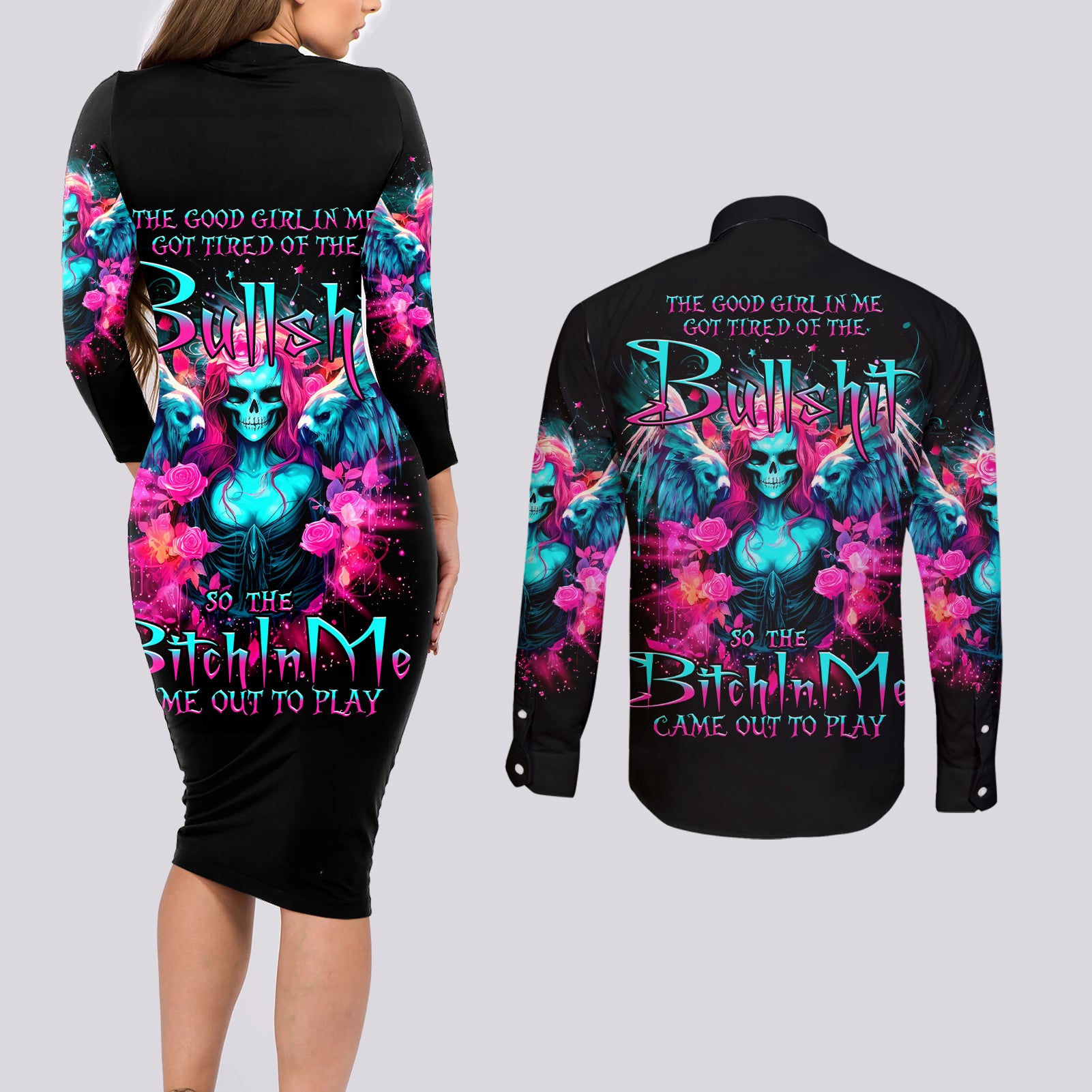 Witch Skull Couples Matching Long Sleeve Bodycon Dress and Long Sleeve Button Shirt The Good Girl In Me Got Tired Of The Bullshit