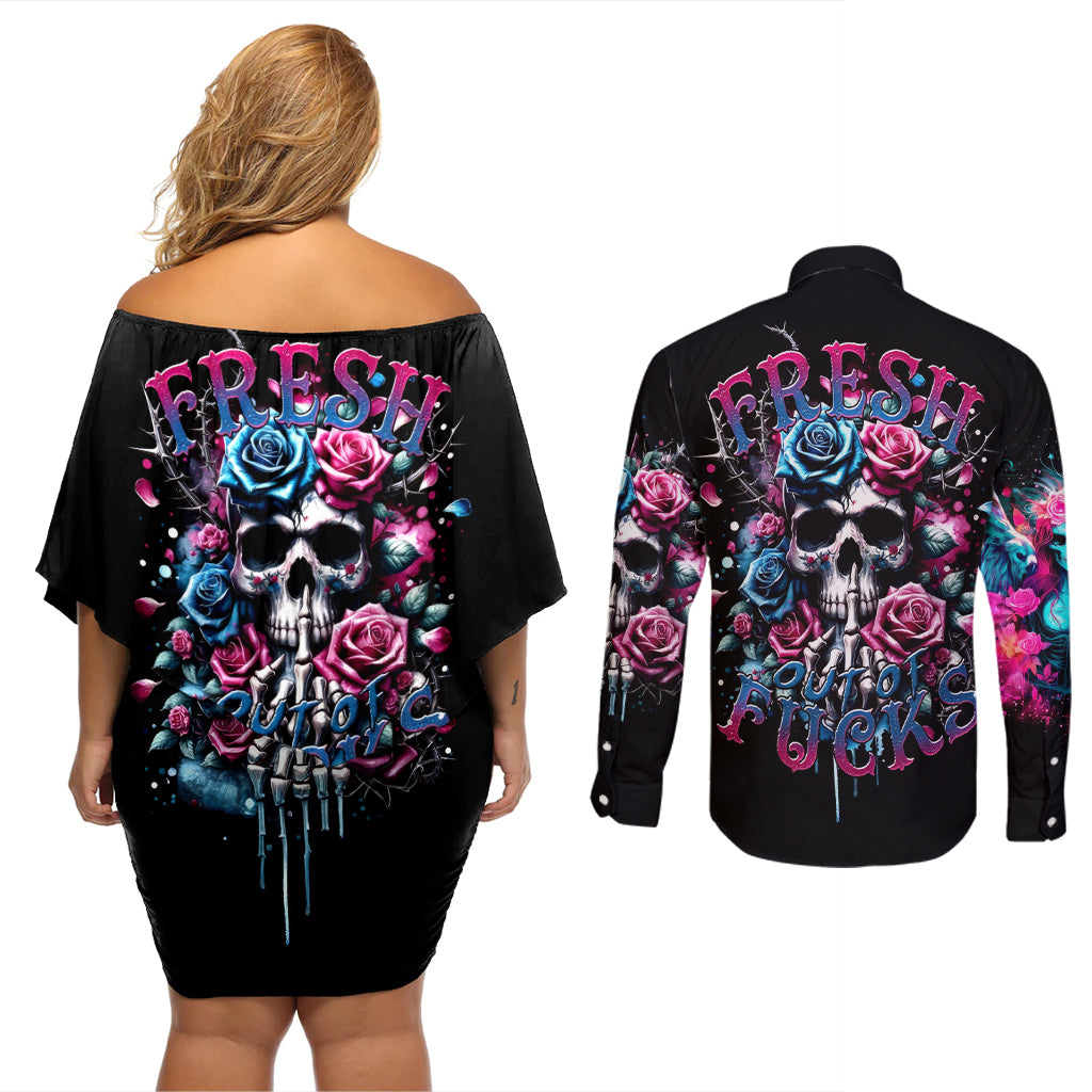 Rose Skull Couples Matching Off Shoulder Short Dress and Long Sleeve Button Shirt Fresh Out Of Fucks