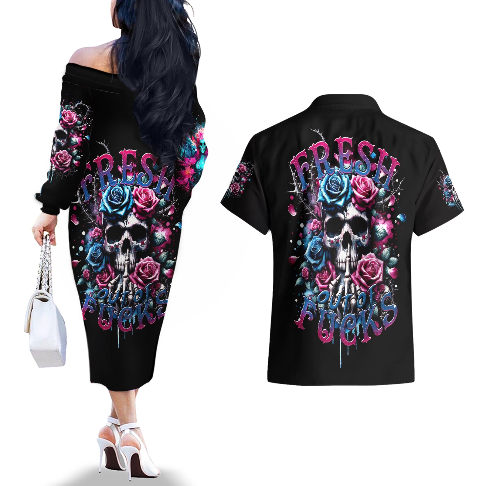 Rose Skull Couples Matching Off The Shoulder Long Sleeve Dress and Hawaiian Shirt Fresh Out Of Fucks