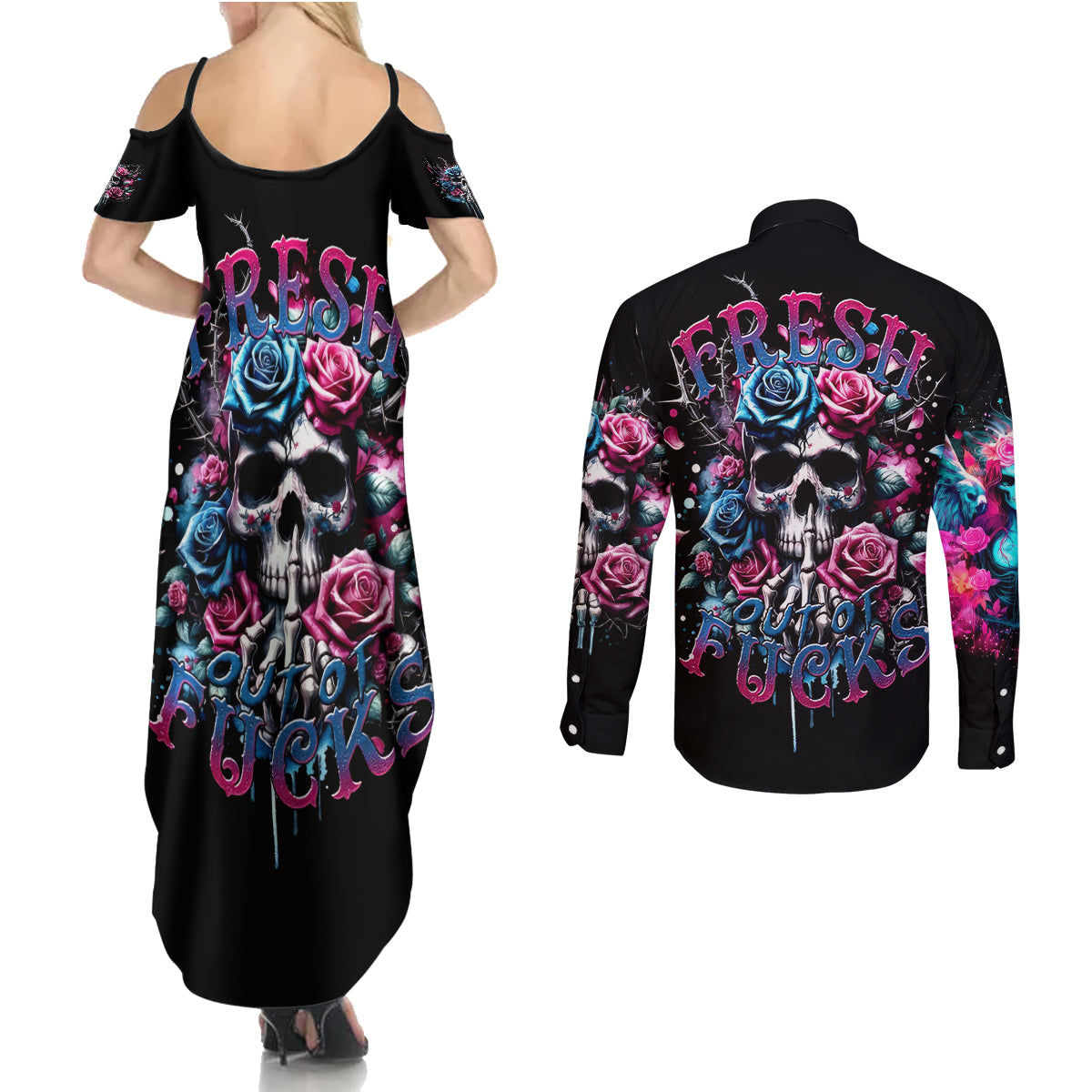 Rose Skull Couples Matching Summer Maxi Dress and Long Sleeve Button Shirt Fresh Out Of Fucks