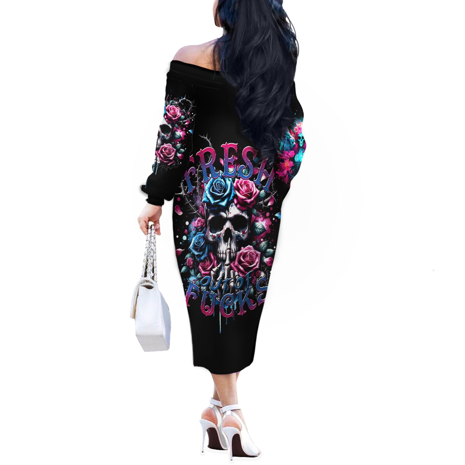 Rose Skull Off The Shoulder Long Sleeve Dress Fresh Out Of Fucks