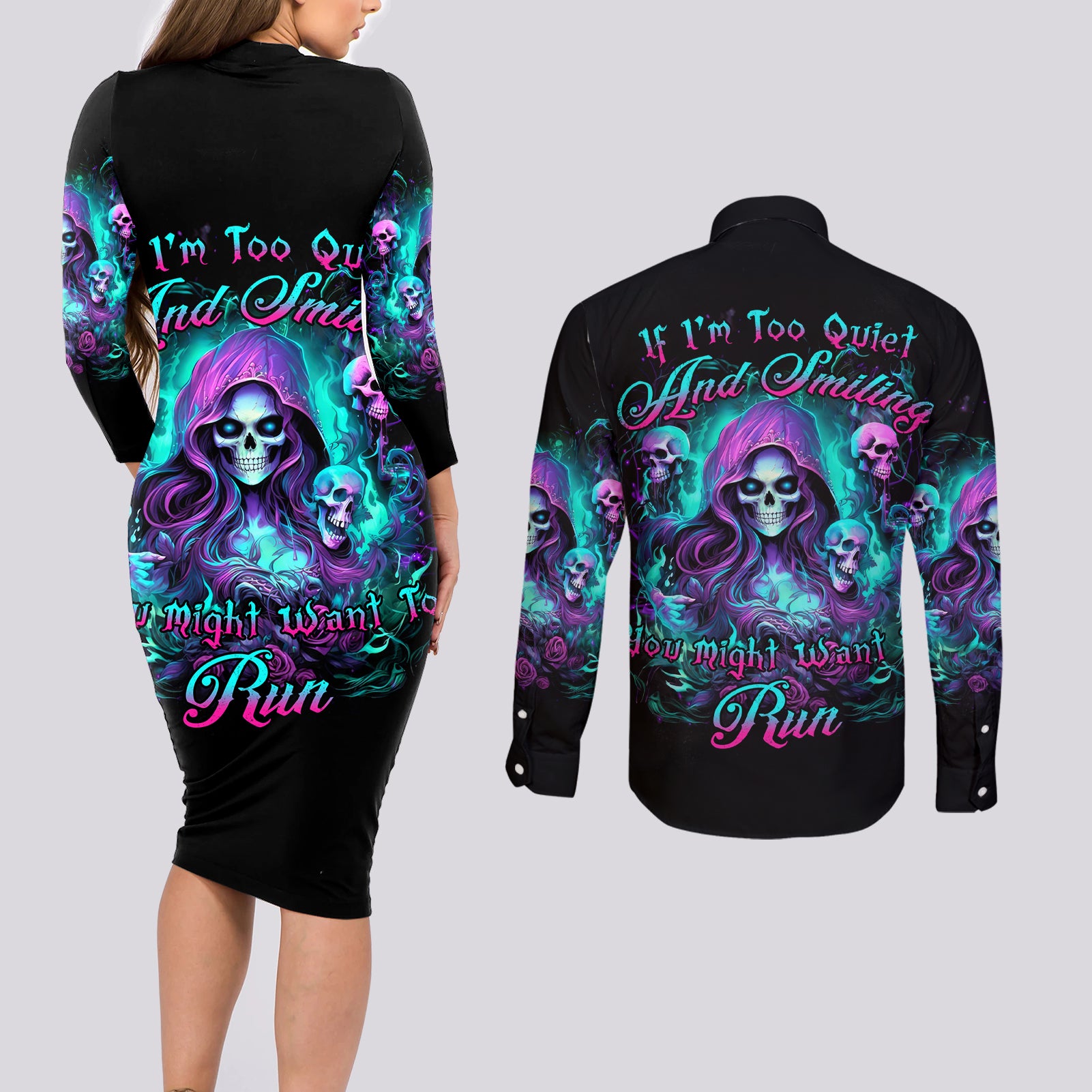 Witch Skull Couples Matching Long Sleeve Bodycon Dress and Long Sleeve Button Shirt If I'm Too Quiet And Smiling You Might Want To Run