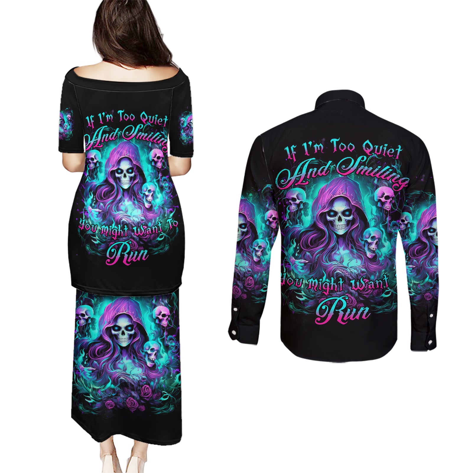 Witch Skull Couples Matching Puletasi and Long Sleeve Button Shirt If I'm Too Quiet And Smiling You Might Want To Run