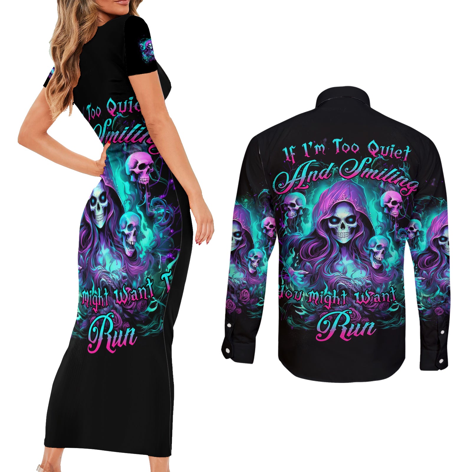 Witch Skull Couples Matching Short Sleeve Bodycon Dress and Long Sleeve Button Shirt If I'm Too Quiet And Smiling You Might Want To Run