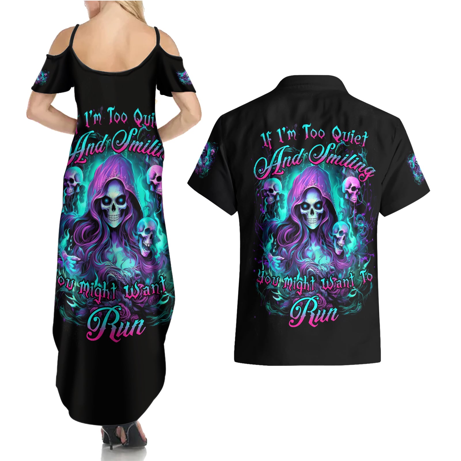 Witch Skull Couples Matching Summer Maxi Dress and Hawaiian Shirt If I'm Too Quiet And Smiling You Might Want To Run