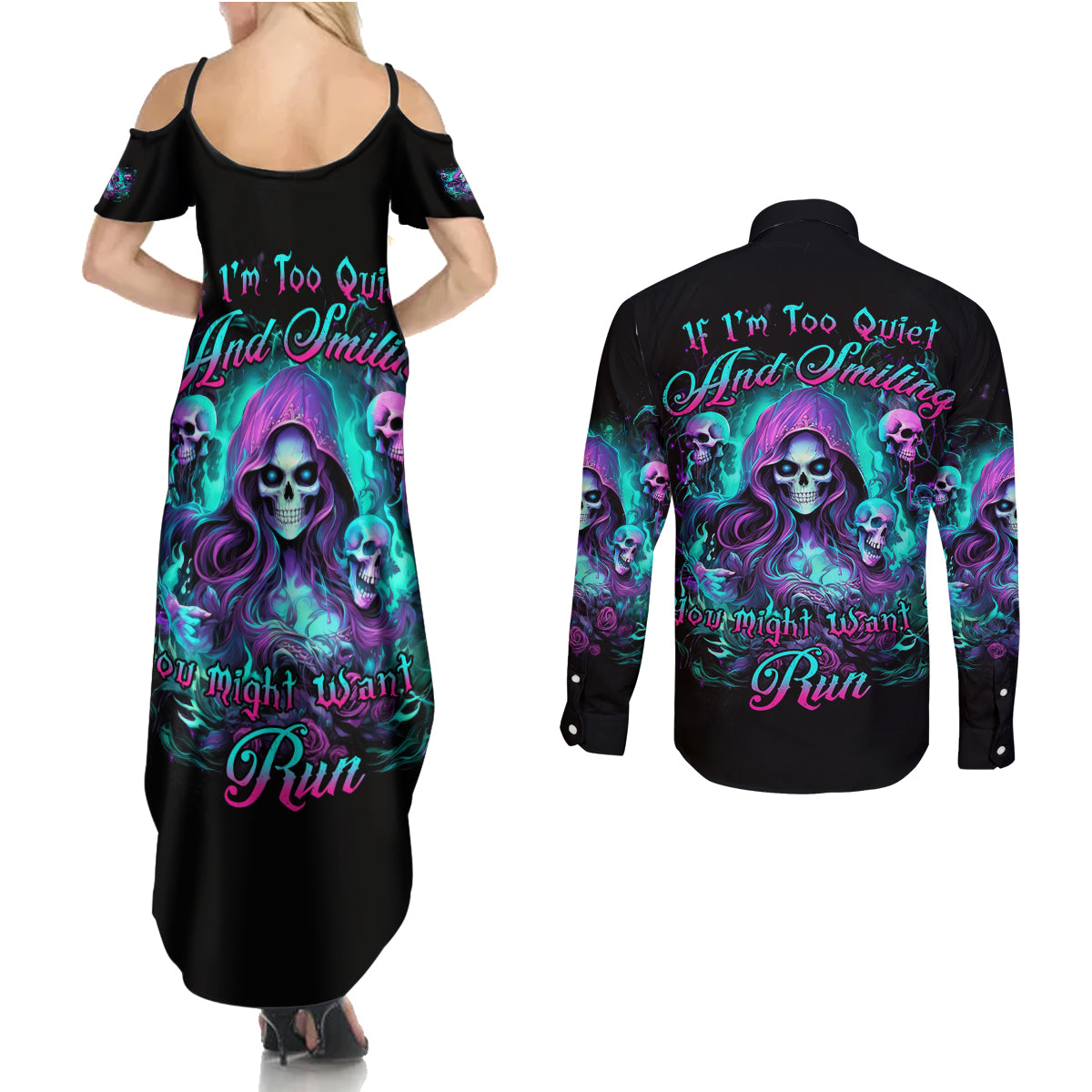 Witch Skull Couples Matching Summer Maxi Dress and Long Sleeve Button Shirt If I'm Too Quiet And Smiling You Might Want To Run