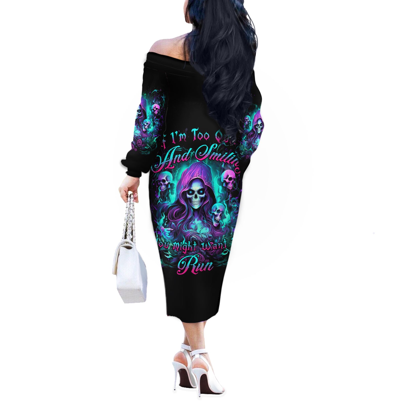 Witch Skull Off The Shoulder Long Sleeve Dress If I'm Too Quiet And Smiling You Might Want To Run