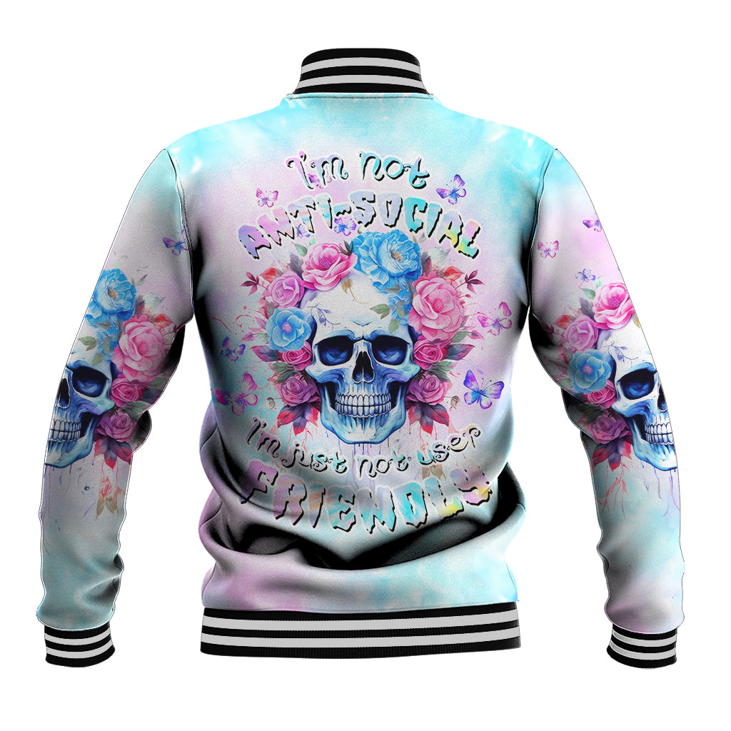 Flower Skull Baseball Jacket I'm Not Ant-Social I'm Just Not User Friendly