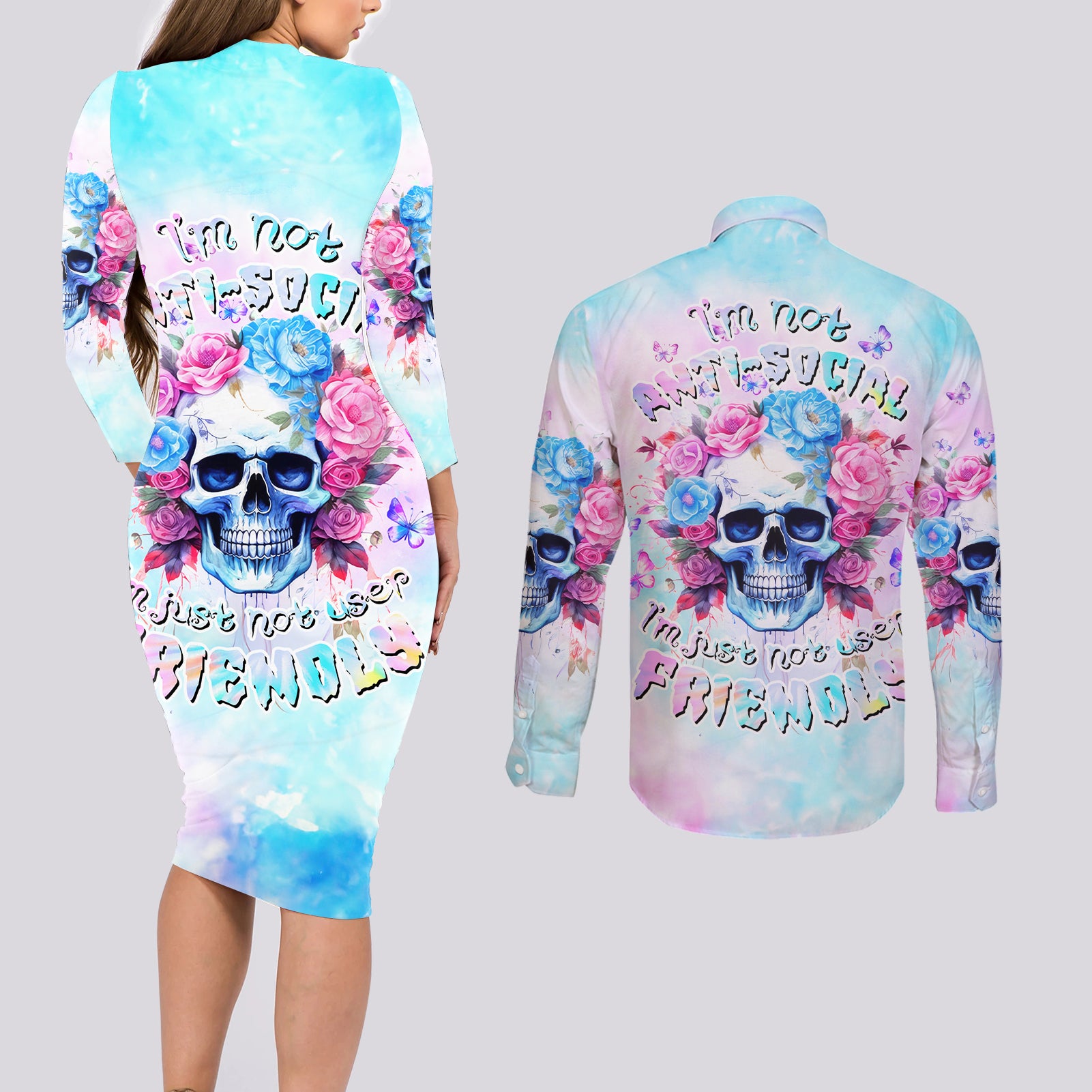 Flower Skull Couples Matching Long Sleeve Bodycon Dress and Long Sleeve Button Shirt I'm Not Ant-Social I'm Just Not User Friendly