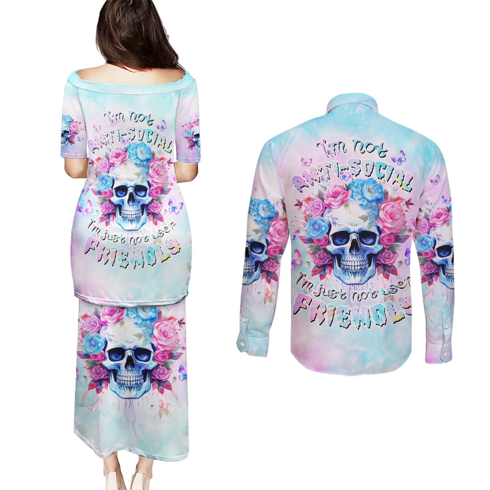 Flower Skull Couples Matching Puletasi and Long Sleeve Button Shirt I'm Not Ant-Social I'm Just Not User Friendly