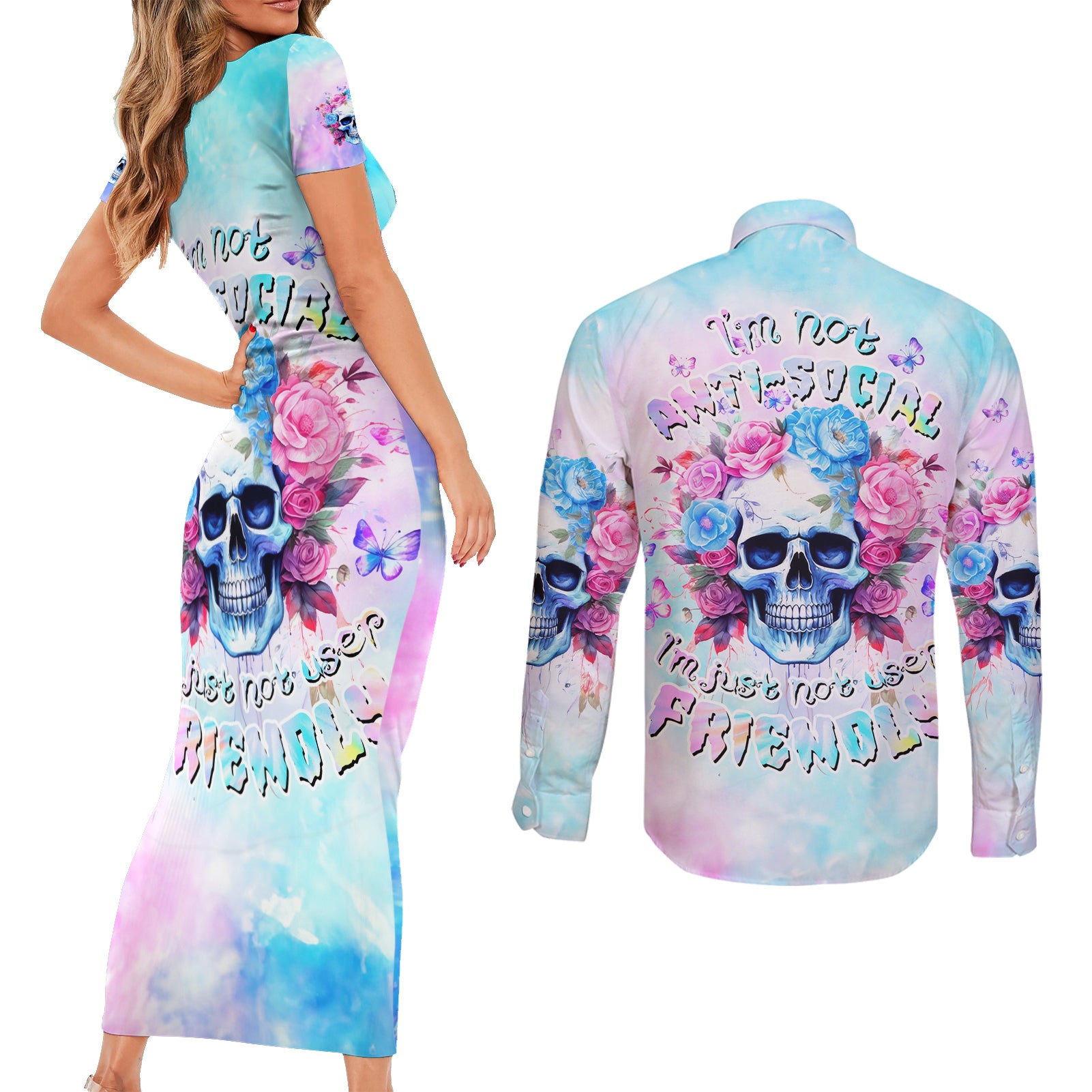 Flower Skull Couples Matching Short Sleeve Bodycon Dress and Long Sleeve Button Shirt I'm Not Ant-Social I'm Just Not User Friendly