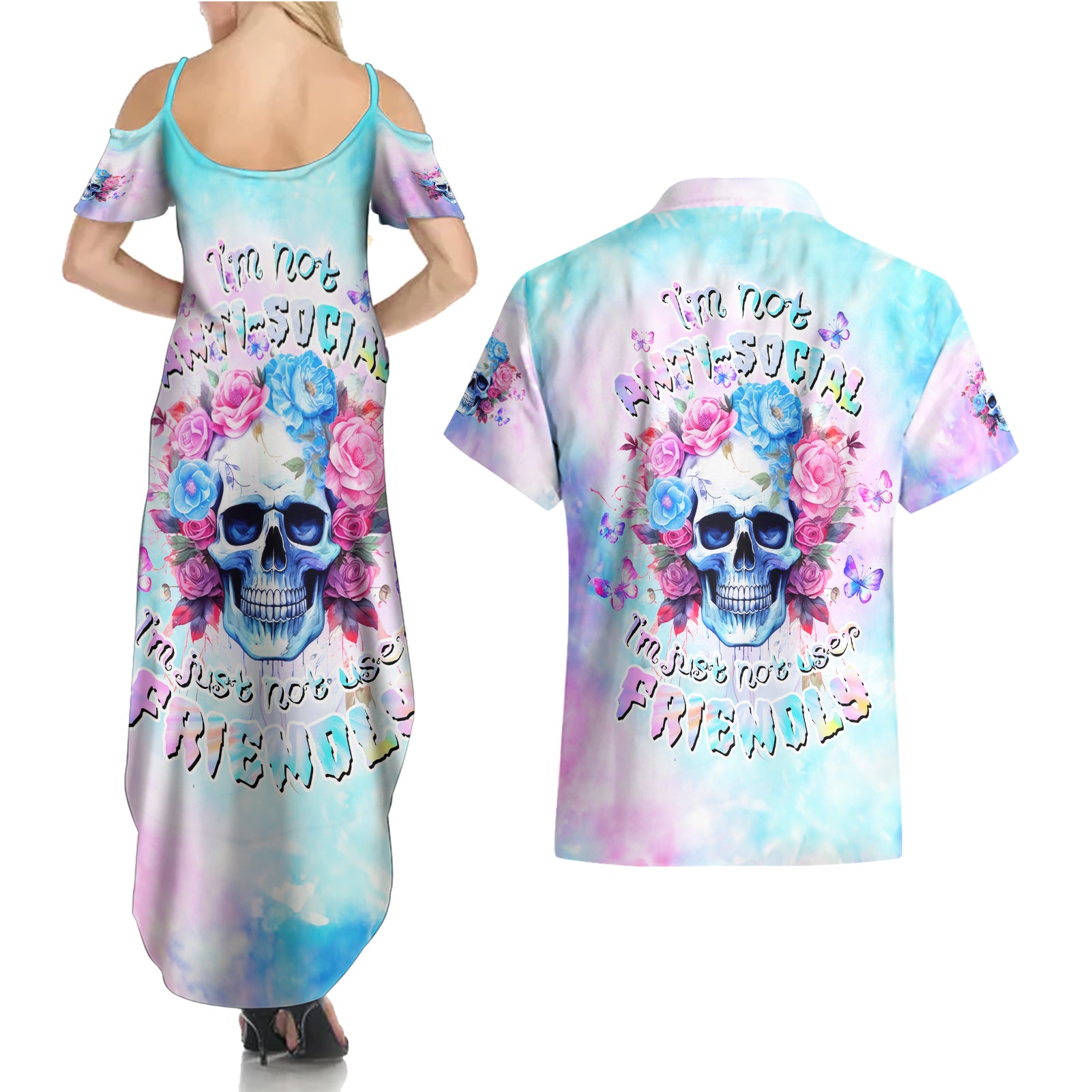 Flower Skull Couples Matching Summer Maxi Dress and Hawaiian Shirt I'm Not Ant-Social I'm Just Not User Friendly