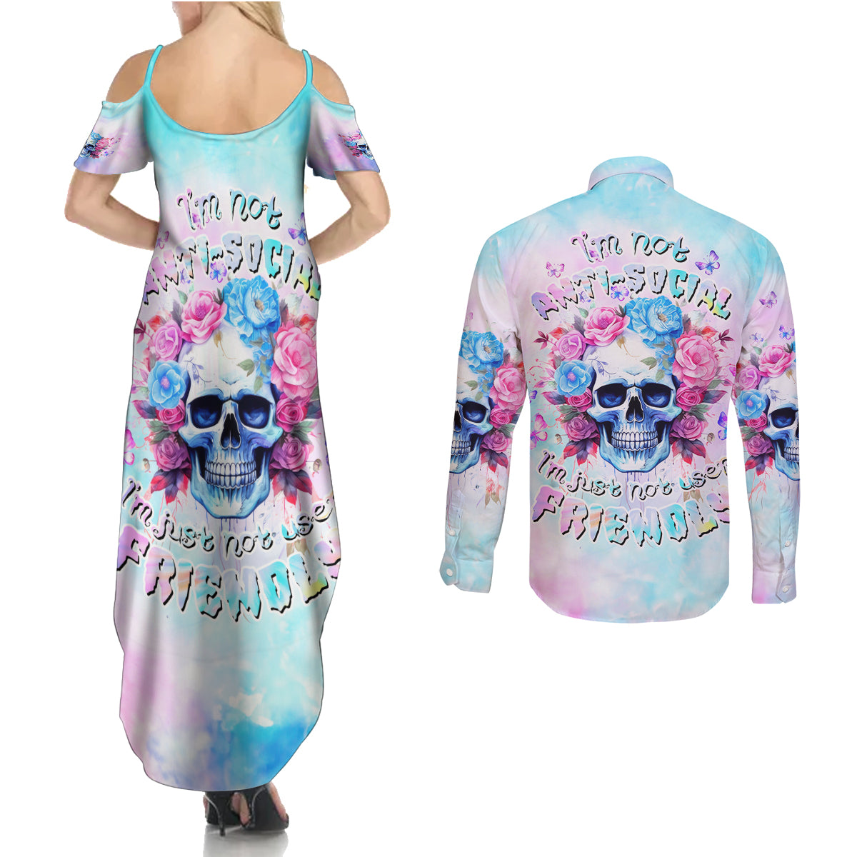 Flower Skull Couples Matching Summer Maxi Dress and Long Sleeve Button Shirt I'm Not Ant-Social I'm Just Not User Friendly