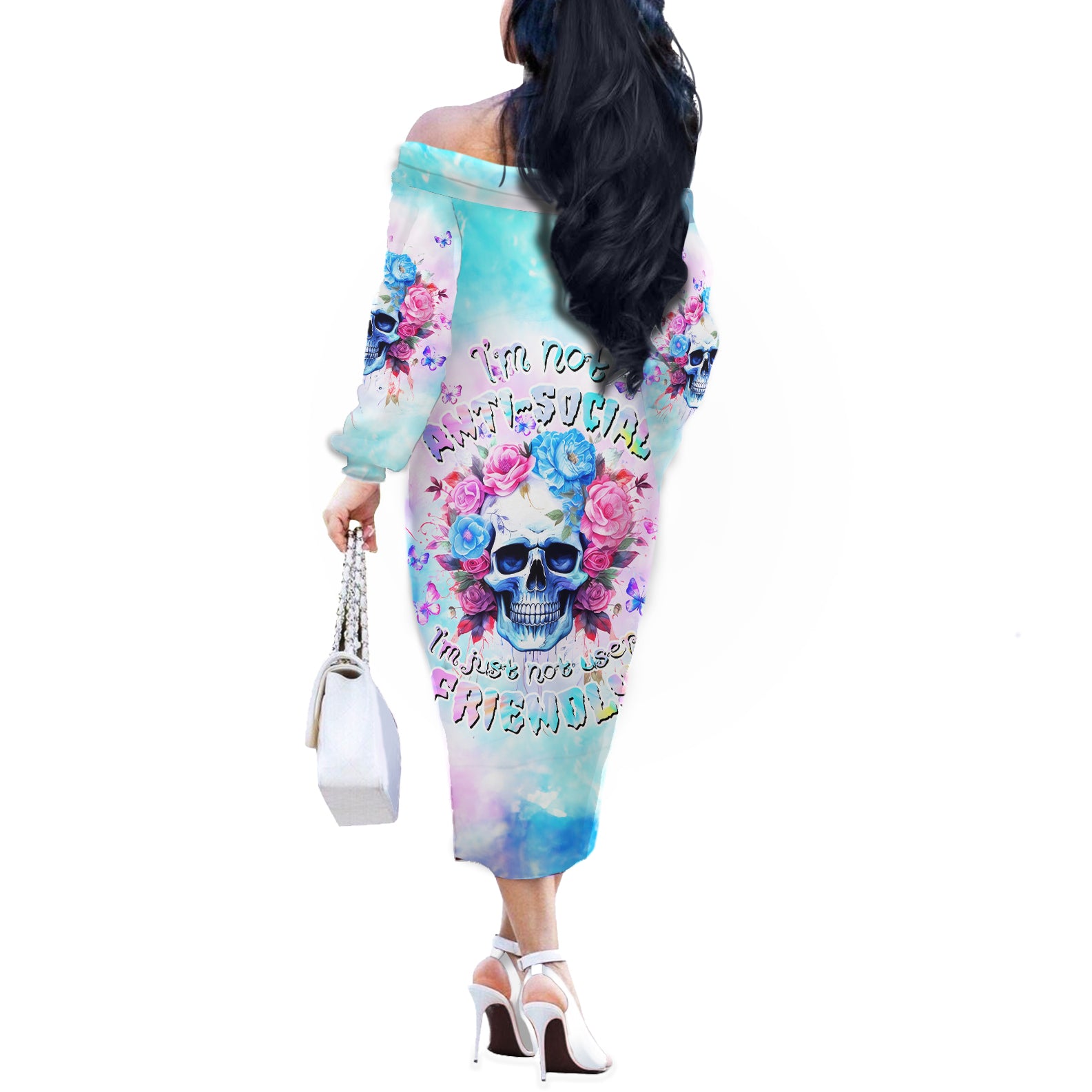 Flower Skull Off The Shoulder Long Sleeve Dress I'm Not Ant-Social I'm Just Not User Friendly