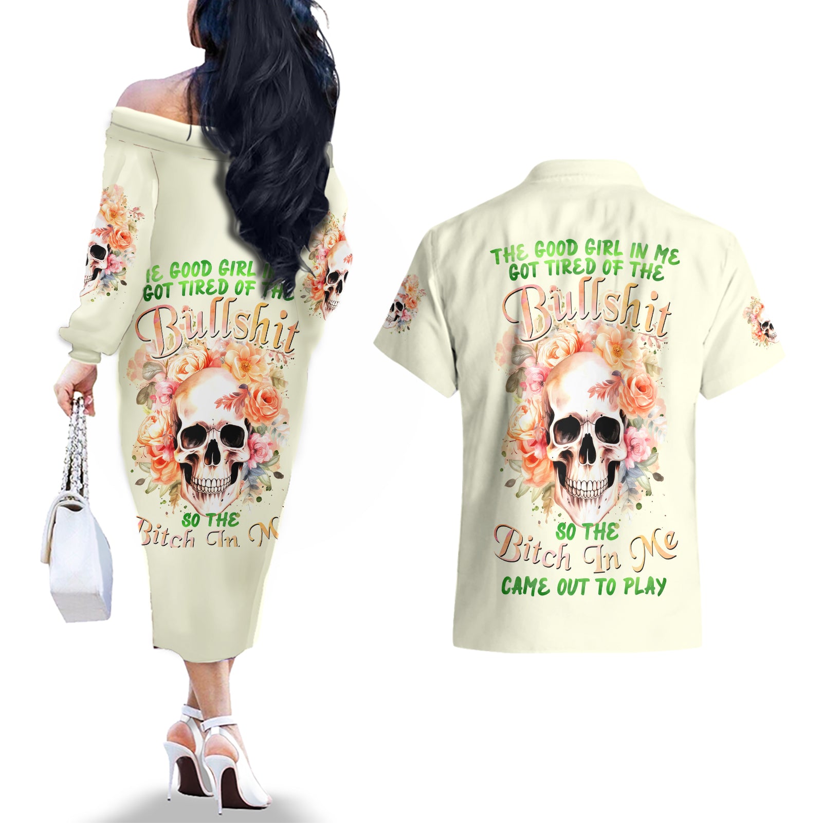 Rose Skull Couples Matching Off The Shoulder Long Sleeve Dress and Hawaiian Shirt The Good Girl In Me Got Tired Of The Bullshit