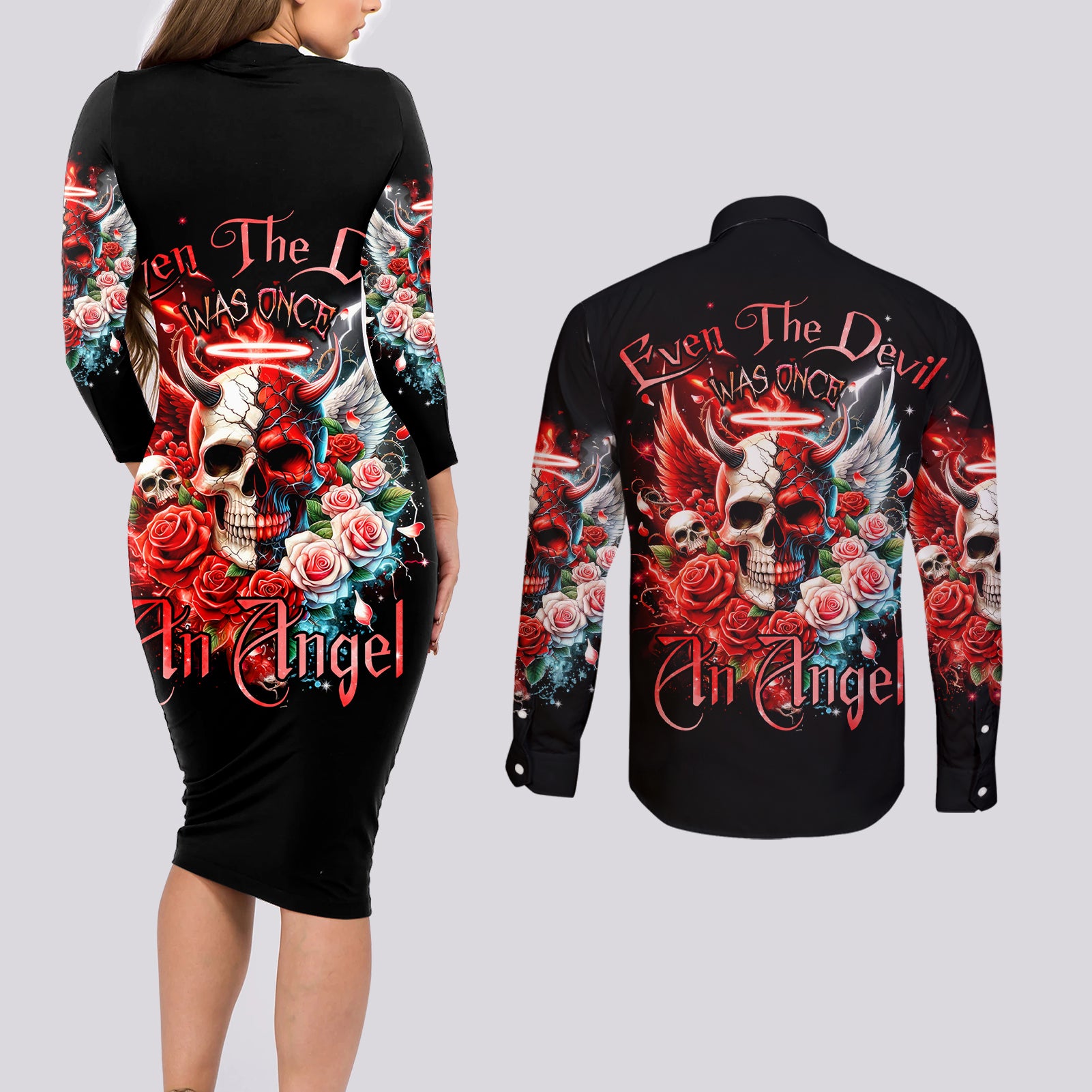 Evil Angel Skull Couples Matching Long Sleeve Bodycon Dress and Long Sleeve Button Shirt Even The Devil Was Once An Angel